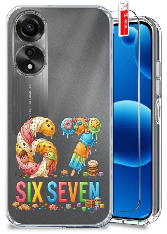 Przezroczyste etui wakacyjne do Oppo A78 4G z kolorowym nadrukiem SIX SEVEN, lodami i szkłem hartowanym w zestawie