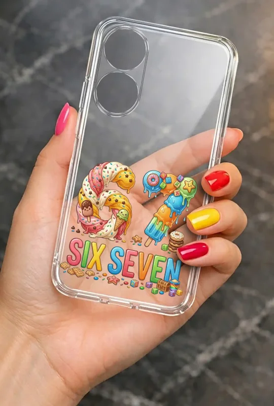 Przezroczyste etui letnie do Oppo A78 4G z nadrukiem SIX SEVEN, lodami i kolorowymi detalami, prezentowane w dłoni