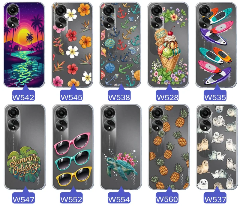 Kolekcja wakacyjnych wzorów etui do Oppo A78 4G: palmy, kwiaty, kotwice, lody, deski surfingowe, ananasy i foki