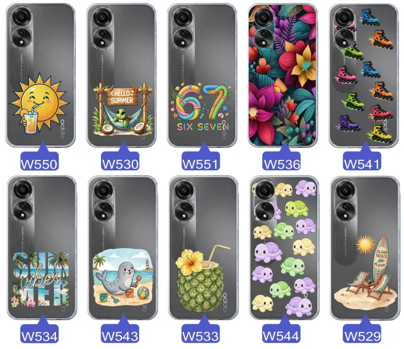 Kolekcja letnich wzorów etui do Oppo A78 4G z motywami słońca, żółwia, six seven, tropikalnych kwiatów, rolek, plaży i kokosa