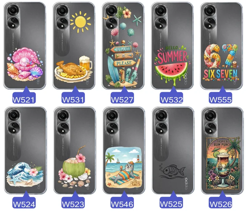 Różne wzory etui wakacyjnych do Oppo A78 4G z grafikami muszelek, ryby, plaży, arbuza, lodów, foki, kokosa i tropikalnego drinka