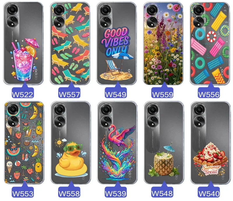 Zestaw przezroczystych etui do Oppo A78 4G z wakacyjnymi motywami drinka, leżaków, napisu good vibes, kwiatów, flaminga, ananasa i deseru