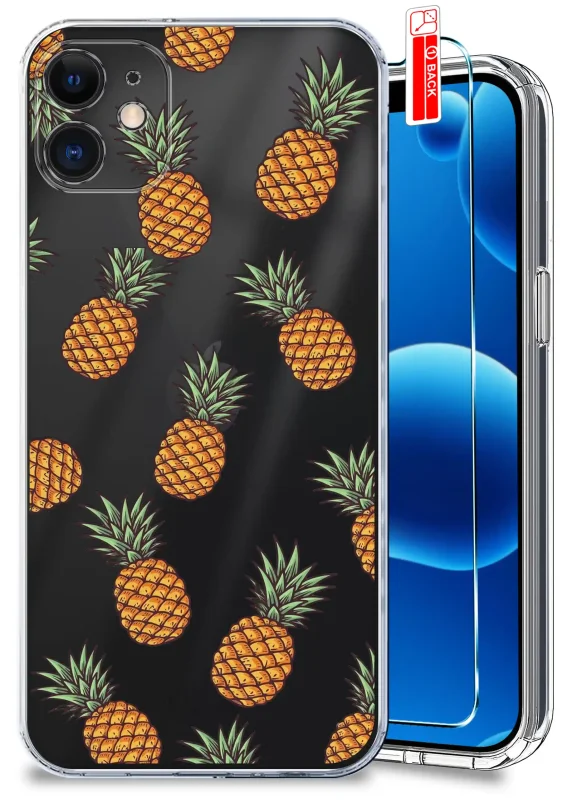 Przezroczyste etui wakacyjne do iPhone 11 z nadrukiem ananasów i szkłem hartowanym w zestawie