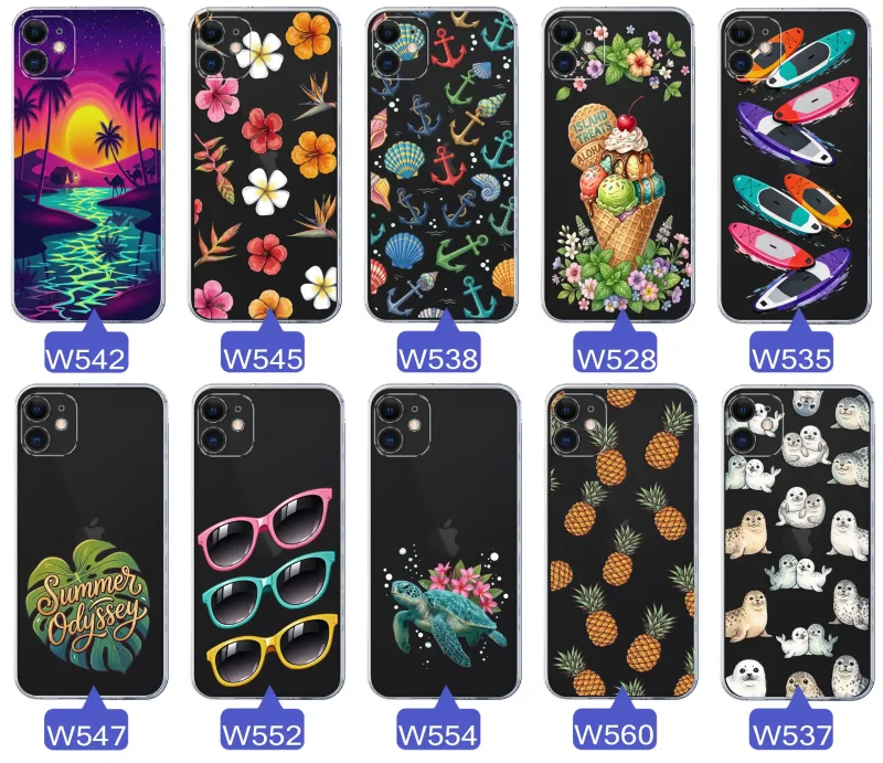 Kolekcja wakacyjnych wzorów etui do iPhone 11: palmy, kwiaty, kotwice, lody, deski surfingowe, ananasy i foki