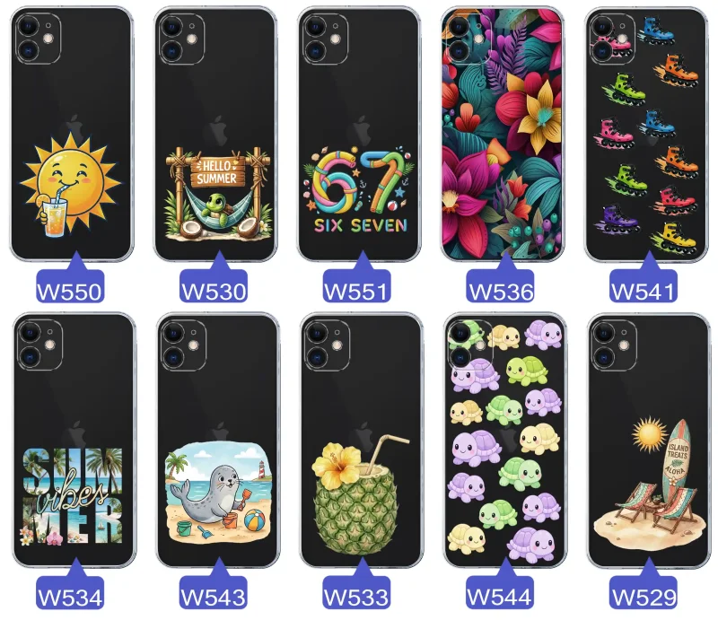 Kolekcja letnich wzorów etui do iPhone 11 z motywami słońca, żółwia, six seven, tropikalnych kwiatów, rolek, plaży i kokosa