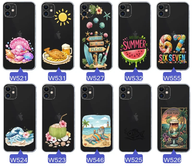 Różne wzory etui wakacyjnych do iPhone 11 z grafikami muszelek, ryby, plaży, arbuza, lodów, foki, kokosa i tropikalnego drinka