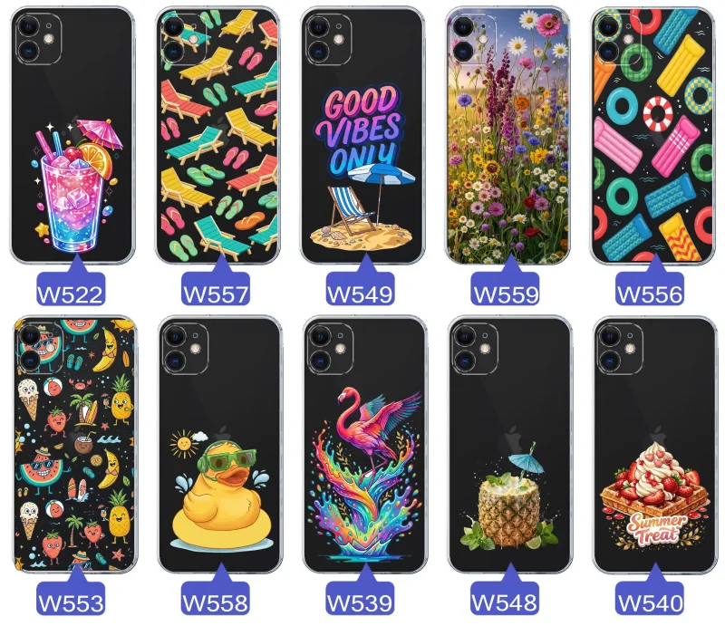 Zestaw przezroczystych etui do iPhone 11 z wakacyjnymi motywami drinka, leżaków, napisu good vibes, kwiatów, flaminga, ananasa i deseru