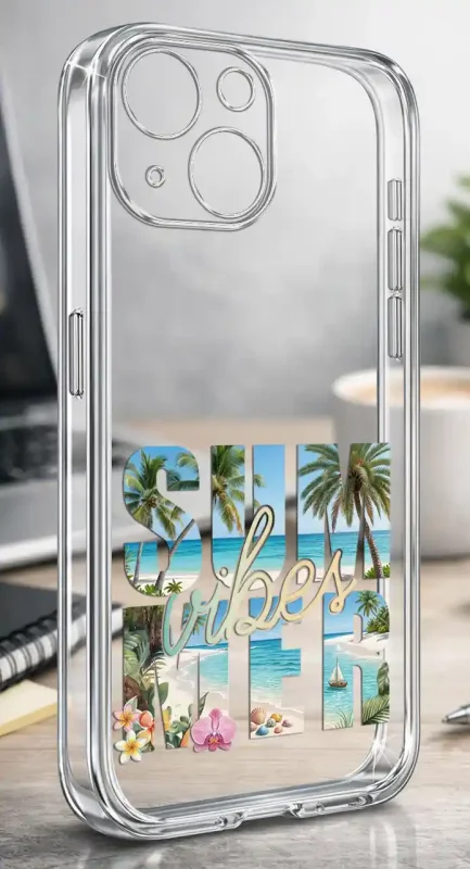 Etui na lato do iPhone 13 / 14 z motywem plaży, morza, palm i napisem SUMMER vibes na przezroczystej obudowie