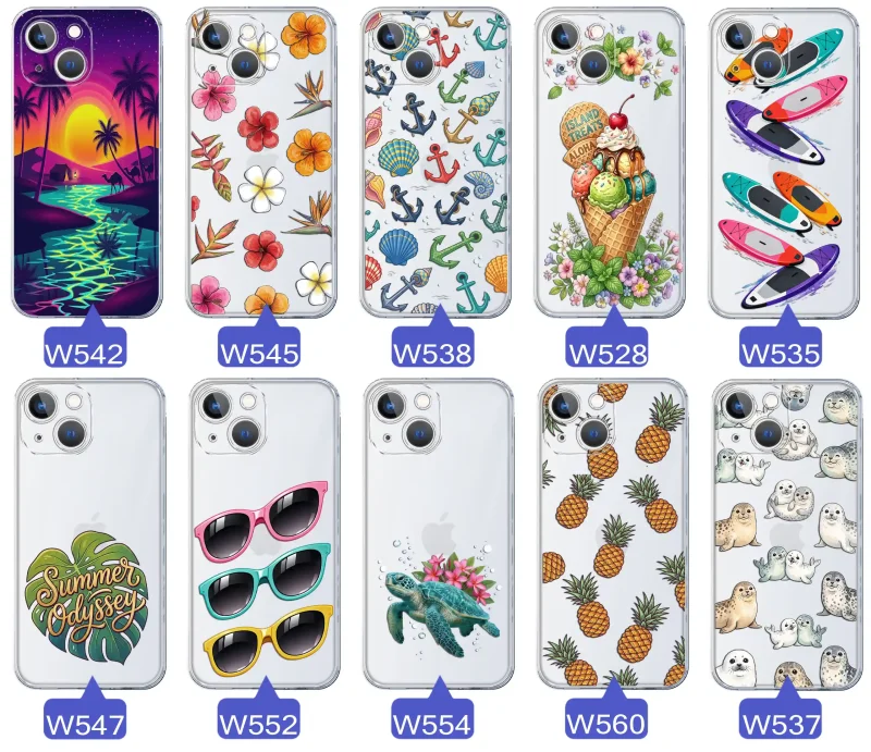 Kolekcja wakacyjnych wzorów etui do iPhone 13 / 14: palmy, kwiaty, kotwice, lody, deski surfingowe, ananasy i foki