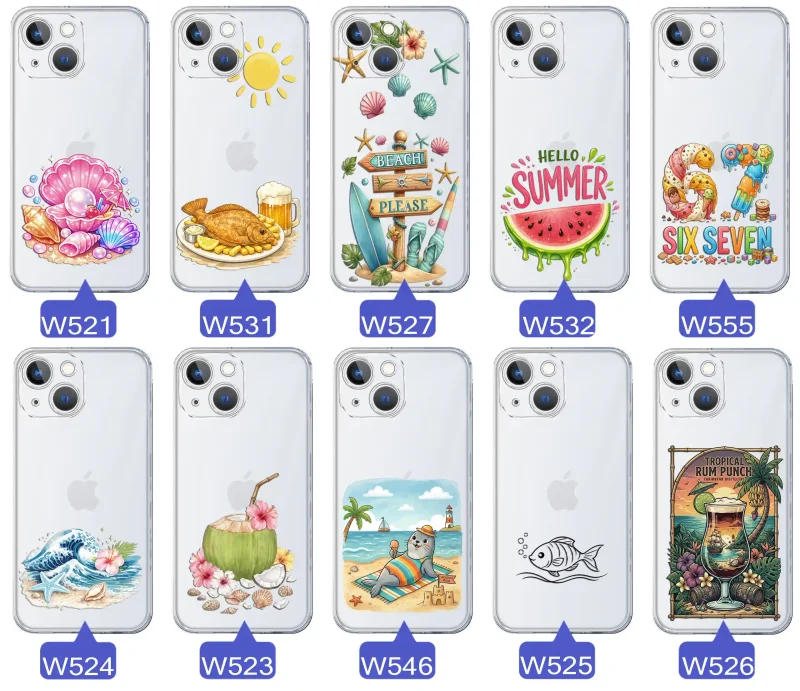 Różne wzory etui wakacyjnych do iPhone 13 / 14 z grafikami muszelek, ryby, plaży, arbuza, lodów, foki, kokosa i tropikalnego drinka
