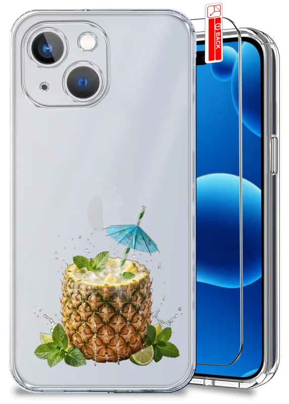 Przezroczyste etui wakacyjne do iPhone 15 z nadrukiem koktajlu w ananasie, limonką i szkłem hartowanym w zestawie