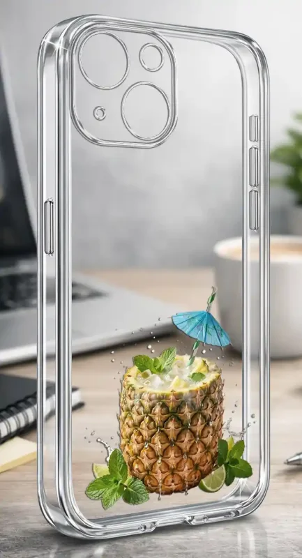 Etui na lato do iPhone 15 z motywem tropikalnego koktajlu w ananasie na przezroczystej obudowie