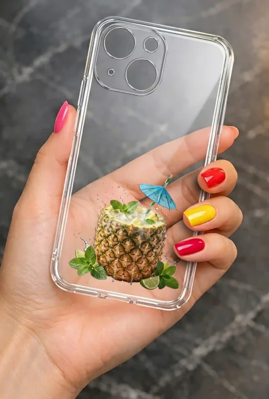 Przezroczyste etui letnie do iPhone 15 z nadrukiem ananasa, mięty, limonki i parasolki, prezentowane w dłoni