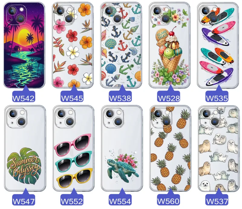 Kolekcja wakacyjnych wzorów etui do iPhone 15: palmy, kwiaty, kotwice, lody, deski surfingowe, ananasy i foki