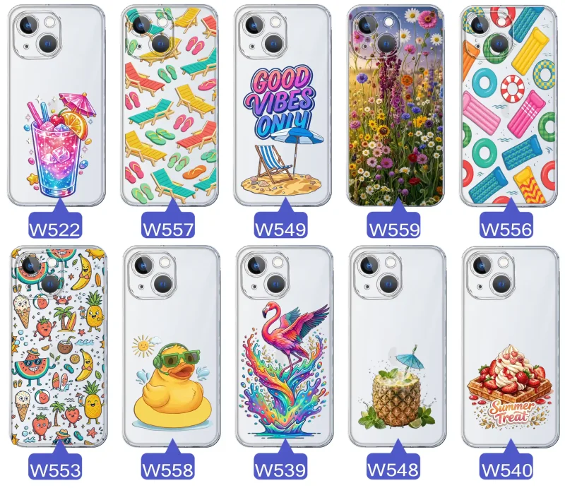 Zestaw przezroczystych etui do iPhone 15 z wakacyjnymi motywami drinka, leżaków, napisu good vibes, kwiatów, flaminga, ananasa i deseru