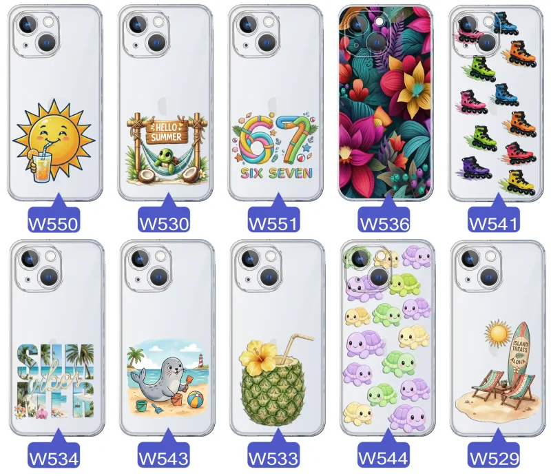Kolekcja letnich wzorów etui do iPhone 15 Plus z motywami słońca, żółwia, six seven, tropikalnych kwiatów, rolek, plaży i kokosa
