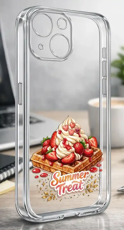 Etui na lato do iPhone 15 Plus z motywem gofrów z truskawkami, kremem i napisem Summer Treat na przezroczystej obudowie