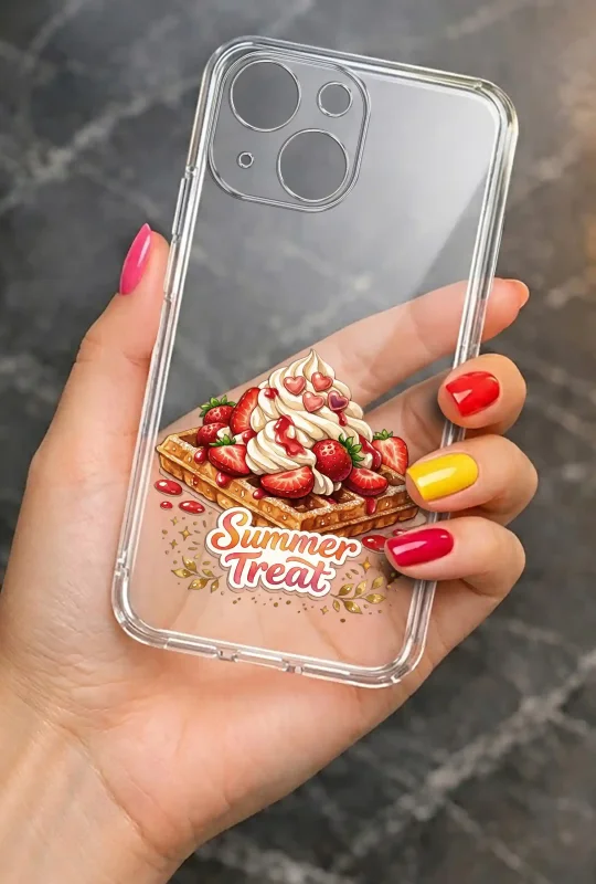 Przezroczyste etui letnie do iPhone 15 Plus z nadrukiem Summer Treat, goframi i truskawkami, prezentowane w dłoni