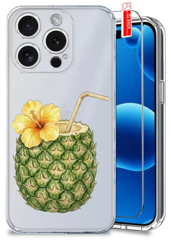 Przezroczyste etui wakacyjne do iPhone 15 Pro z nadrukiem ananasa, kwiatu hibiskusa i szkłem hartowanym w zestawie