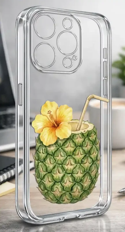 Etui na lato do iPhone 15 Pro z motywem koktajlu w ananasie i żółtym kwiatem na przezroczystej obudowie