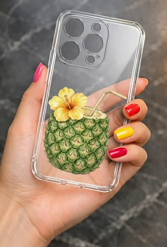 Przezroczyste etui letnie do iPhone 15 Pro z nadrukiem ananasa, słomki i hibiskusa, prezentowane w dłoni