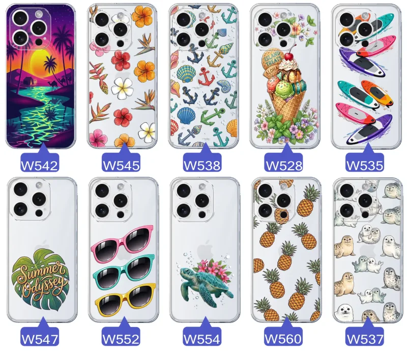 Kolekcja wakacyjnych wzorów etui do iPhone 15 Pro: palmy, kwiaty, kotwice, lody, deski surfingowe, ananasy i foki
