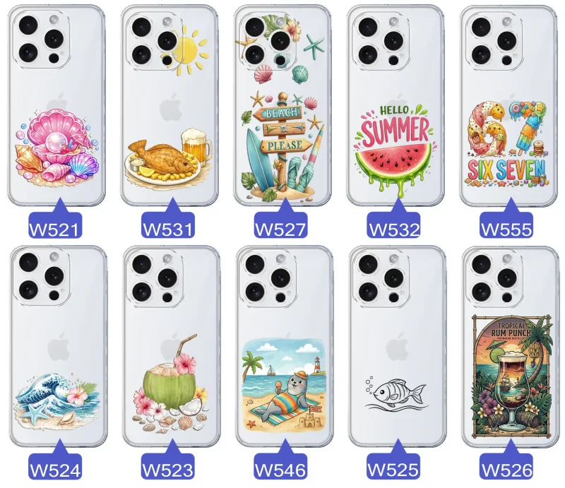 Różne wzory etui wakacyjnych do iPhone 15 Pro Max z grafikami muszelek, ryby, plaży, arbuza, lodów, foki, kokosa i tropikalnego drinka