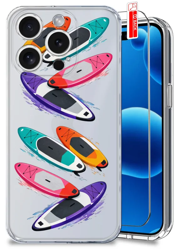 Przezroczyste etui wakacyjne do iPhone 15 Pro Max z nadrukiem kolorowych desek SUP i szkłem hartowanym w zestawie