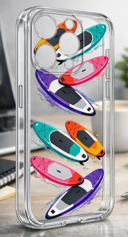 Etui na lato do iPhone 15 Pro Max z motywem desek SUP w różowych, turkusowych, pomarańczowych i fioletowych kolorach