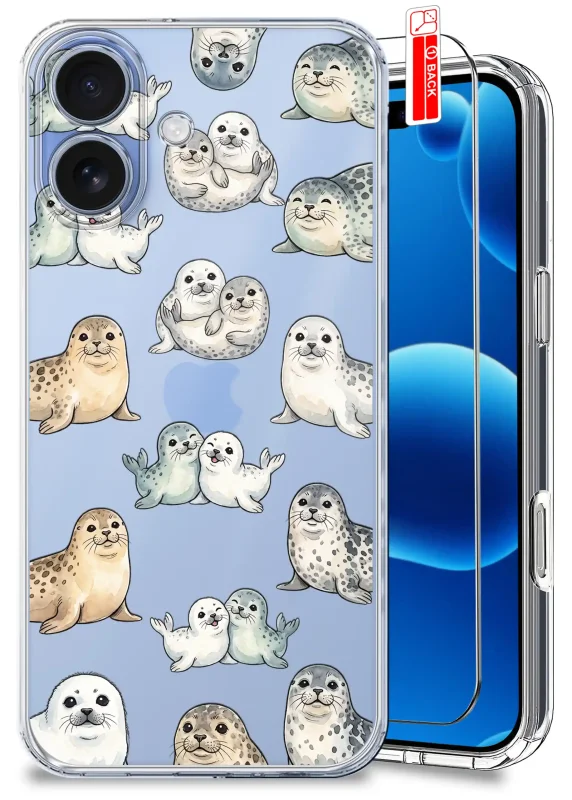 Przezroczyste etui wakacyjne do iPhone 17 z nadrukiem uroczych fok i szkłem hartowanym w zestawie