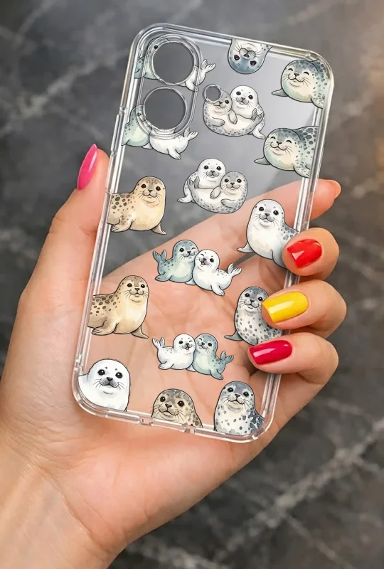 Przezroczyste etui letnie do iPhone 17 z nadrukiem fok w różnych pozach, prezentowane w dłoni