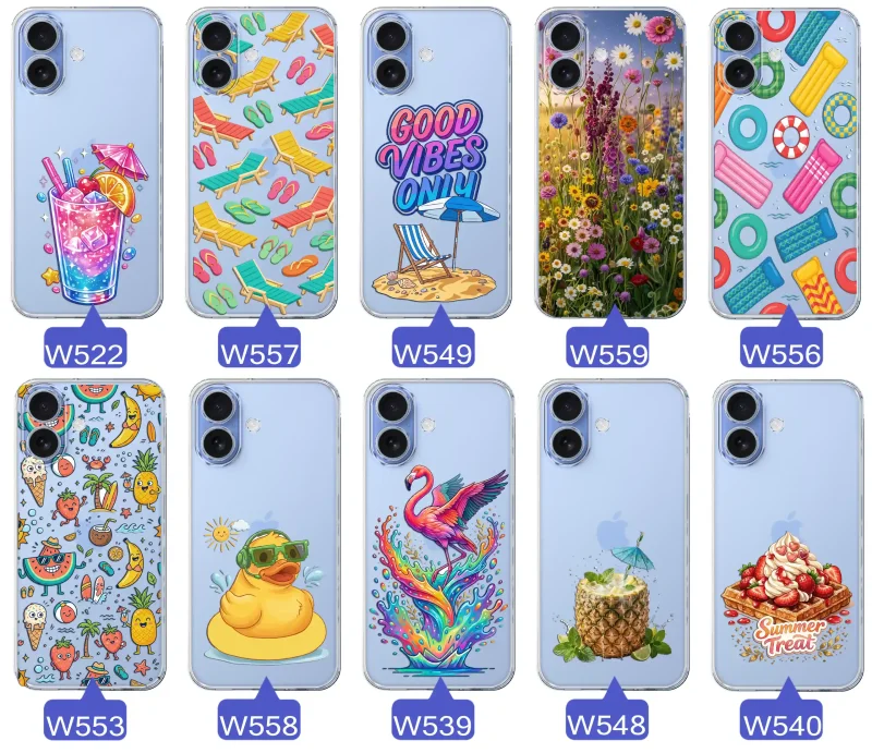 Zestaw przezroczystych etui do iPhone 17 z wakacyjnymi motywami drinka, leżaków, napisu good vibes, kwiatów, flaminga, ananasa i deseru
