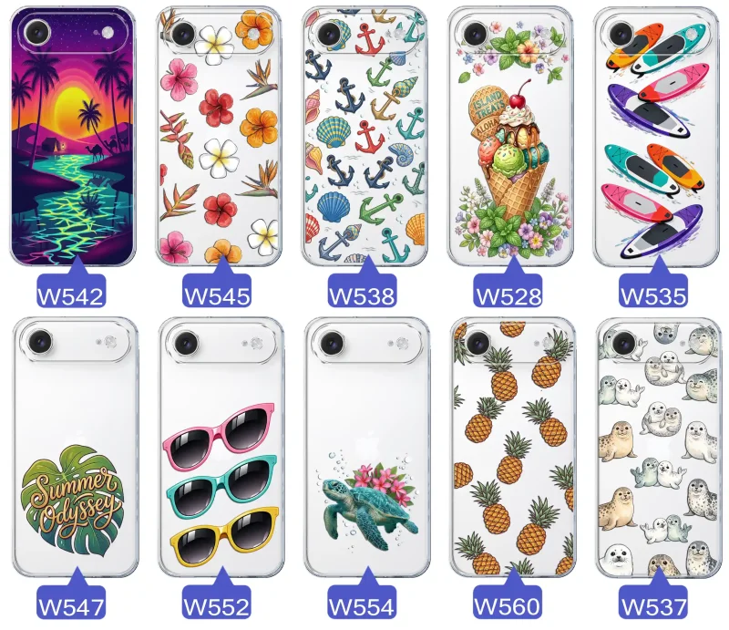 Kolekcja wakacyjnych wzorów etui do iPhone Air: palmy, kwiaty, kotwice, lody, deski surfingowe, ananasy i foki