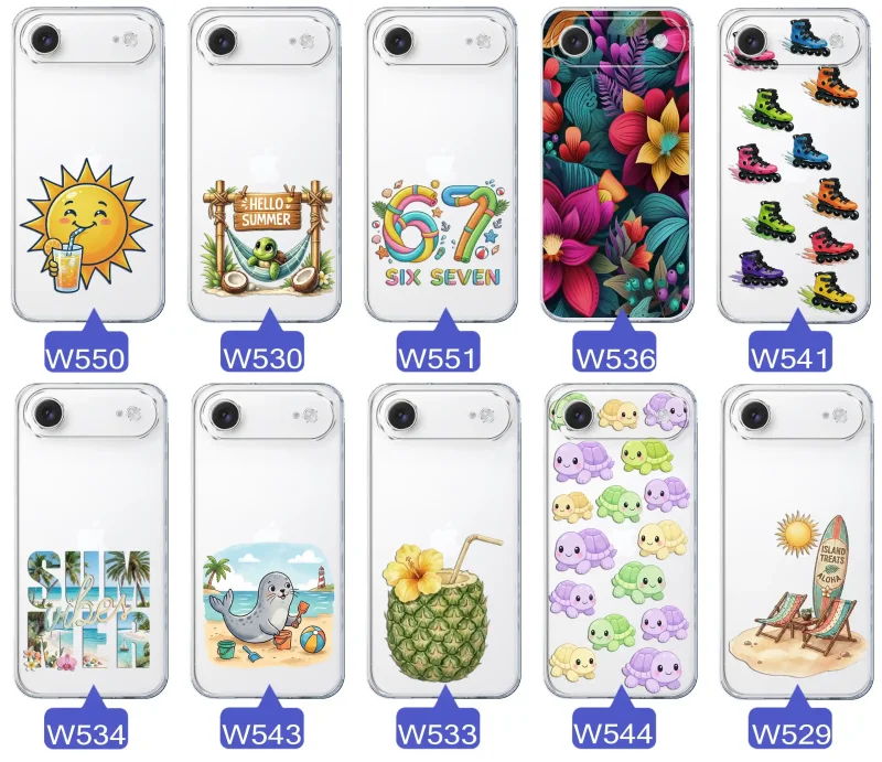 Kolekcja letnich wzorów etui do iPhone Air z motywami słońca, żółwia, six seven, tropikalnych kwiatów, rolek, plaży i kokosa