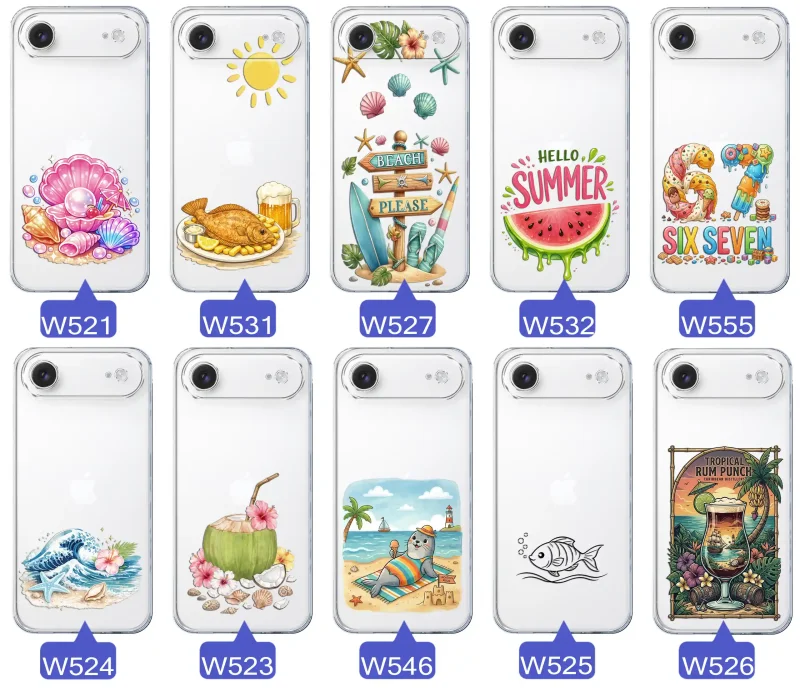 Różne wzory etui wakacyjnych do iPhone Air z grafikami muszelek, ryby, plaży, arbuza, lodów, foki, kokosa i tropikalnego drinka