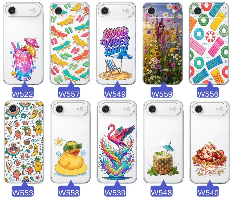 Zestaw przezroczystych etui do iPhone Air z wakacyjnymi motywami drinka, leżaków, napisu good vibes, kwiatów, flaminga, ananasa i deseru