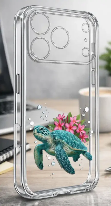 Etui na lato do iPhone 17 Pro z motywem turkusowego żółwia, kwiatów i kropli wody na przezroczystej obudowie