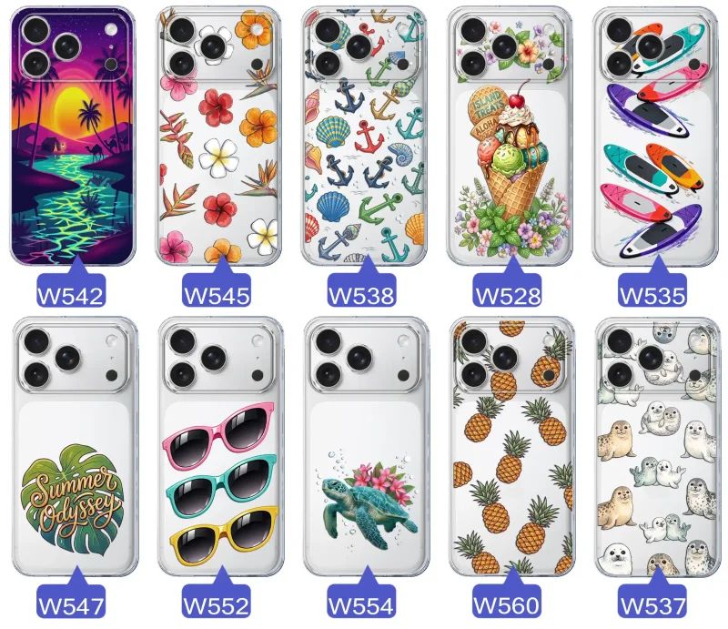 Kolekcja wakacyjnych wzorów etui do iPhone 17 Pro: palmy, kwiaty, kotwice, lody, deski surfingowe, ananasy i foki