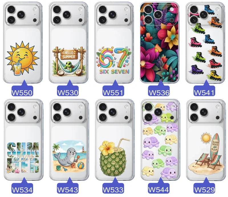 Kolekcja letnich wzorów etui do iPhone 17 Pro z motywami słońca, żółwia, six seven, tropikalnych kwiatów, rolek, plaży i kokosa