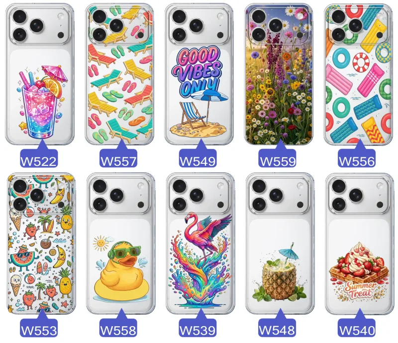 Zestaw przezroczystych etui do iPhone 17 Pro z wakacyjnymi motywami drinka, leżaków, napisu good vibes, kwiatów, flaminga, ananasa i deseru