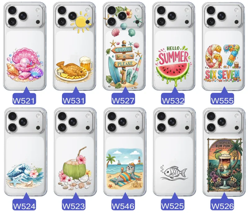 Różne wzory etui wakacyjnych do iPhone 17 Pro Max z grafikami muszelek, ryby, plaży, arbuza, lodów, foki, kokosa i tropikalnego drinka