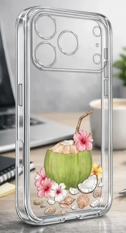 Etui na lato do iPhone 17 Pro Max z motywem zielonego kokosa, różowych kwiatów i muszli na przezroczystej obudowie