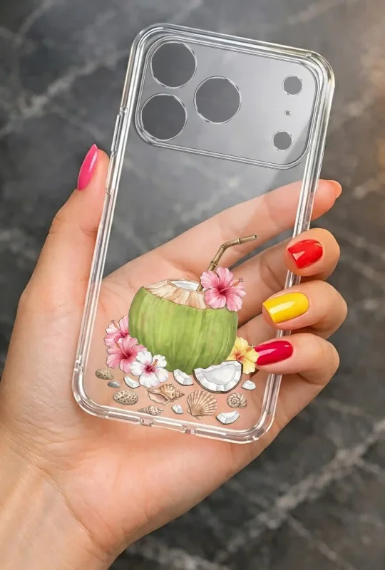 Przezroczyste etui letnie do iPhone 17 Pro Max z nadrukiem kokosa, hibiskusów i muszelek, prezentowane w dłoni