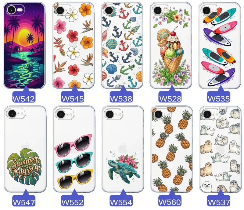 Kolekcja wakacyjnych wzorów etui do iPhone 16e / 17e: palmy, kwiaty, kotwice, lody, deski surfingowe, ananasy i foki