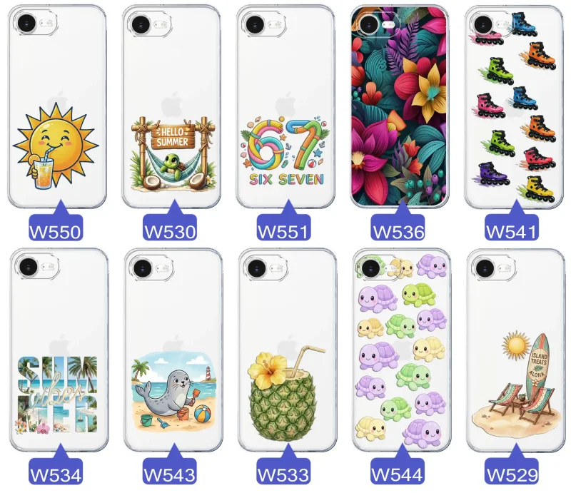 Kolekcja letnich wzorów etui do iPhone 16e / 17e z motywami słońca, żółwia, six seven, tropikalnych kwiatów, rolek, plaży i kokosa