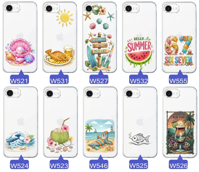 Różne wzory etui wakacyjnych do iPhone 16e / 17e z grafikami muszelek, ryby, plaży, arbuza, lodów, foki, kokosa i tropikalnego drinka
