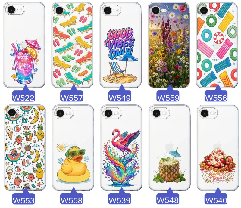 Zestaw przezroczystych etui do iPhone 16e / 17e z wakacyjnymi motywami drinka, leżaków, napisu good vibes, kwiatów, flaminga, ananasa i deseru