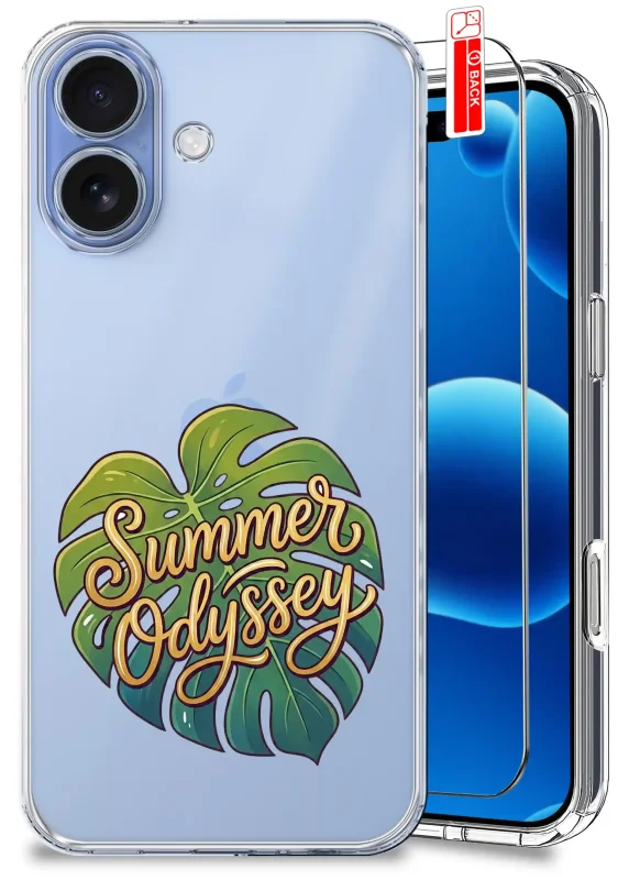 Przezroczyste etui wakacyjne do iPhone 16 z liściem monstery, napisem Summer Odyssey i szkłem hartowanym w zestawie