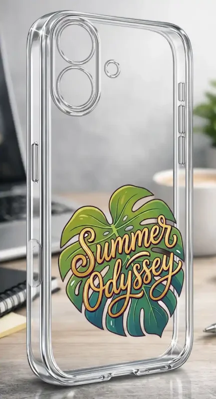 Etui na lato do iPhone 16 z zielonym liściem monstery i ozdobnym napisem Summer Odyssey na przezroczystej obudowie