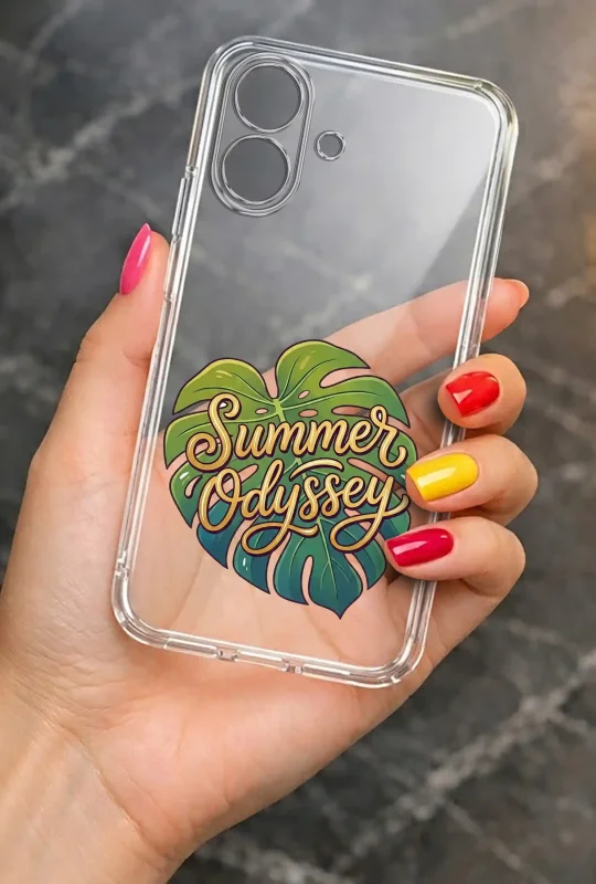 Przezroczyste etui letnie do iPhone 16 z nadrukiem Summer Odyssey na liściu monstery, prezentowane w dłoni